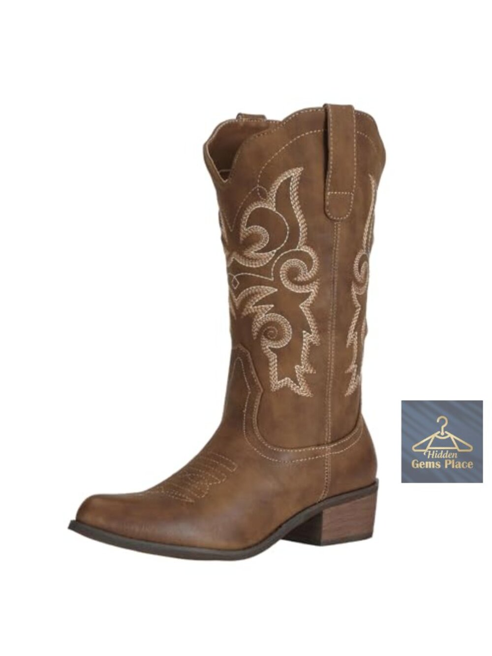 Faux Leather Cowgirl Boots Mid Calf Western Embroidered Pull-On Square Toe
